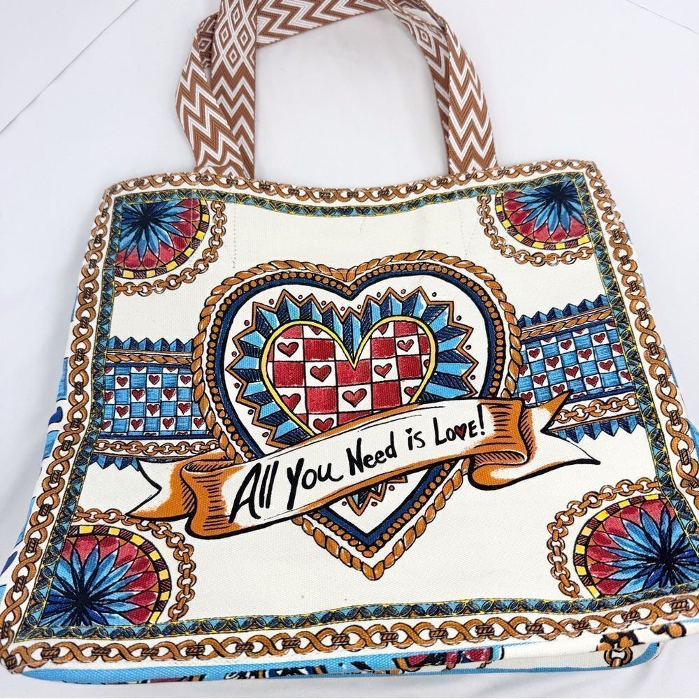 Brighton BELIEVE IN LOVE Blue Floral Original Artwork Collaboration Canvas Tote - Picture 6 of 16